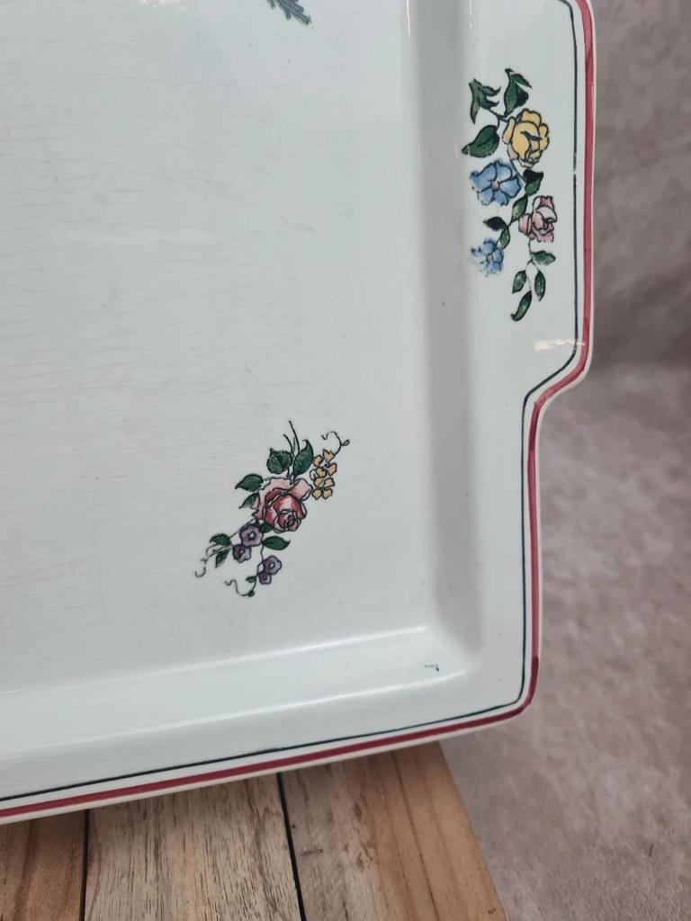 Grand plateau Sarreguemines Lorraine – décor floral romantique – faïence ancienne 🌸