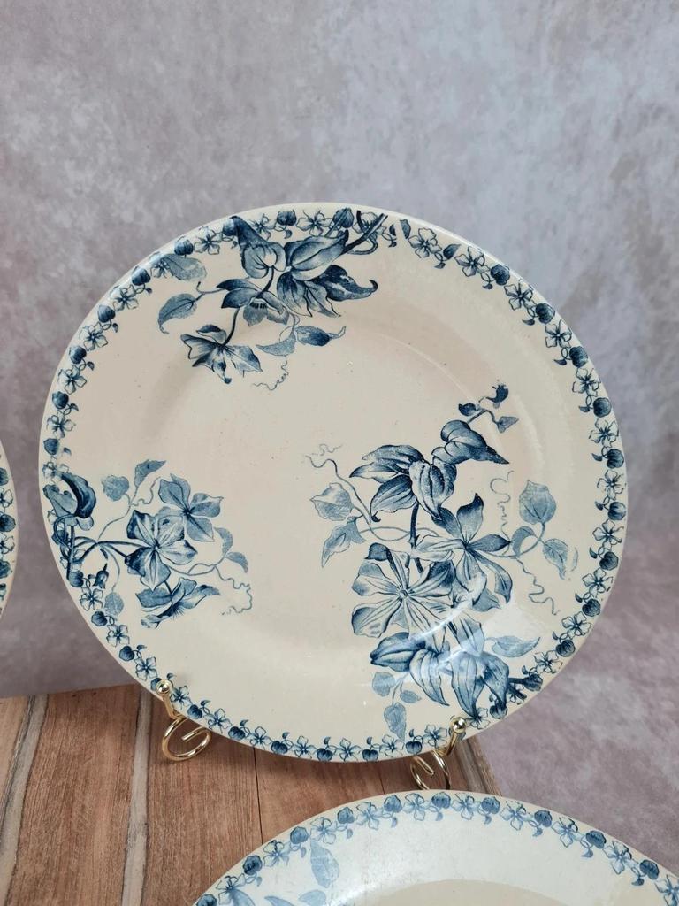Lot de 6 assiettes plates anciennes – Vieillard & Cie Bordeaux, modèle Clématite 💙 Terre de Fer