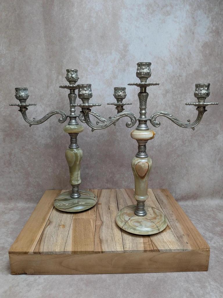 Paire de chandeliers vintage 3 feux métal argenté & onyx – Made in Italy