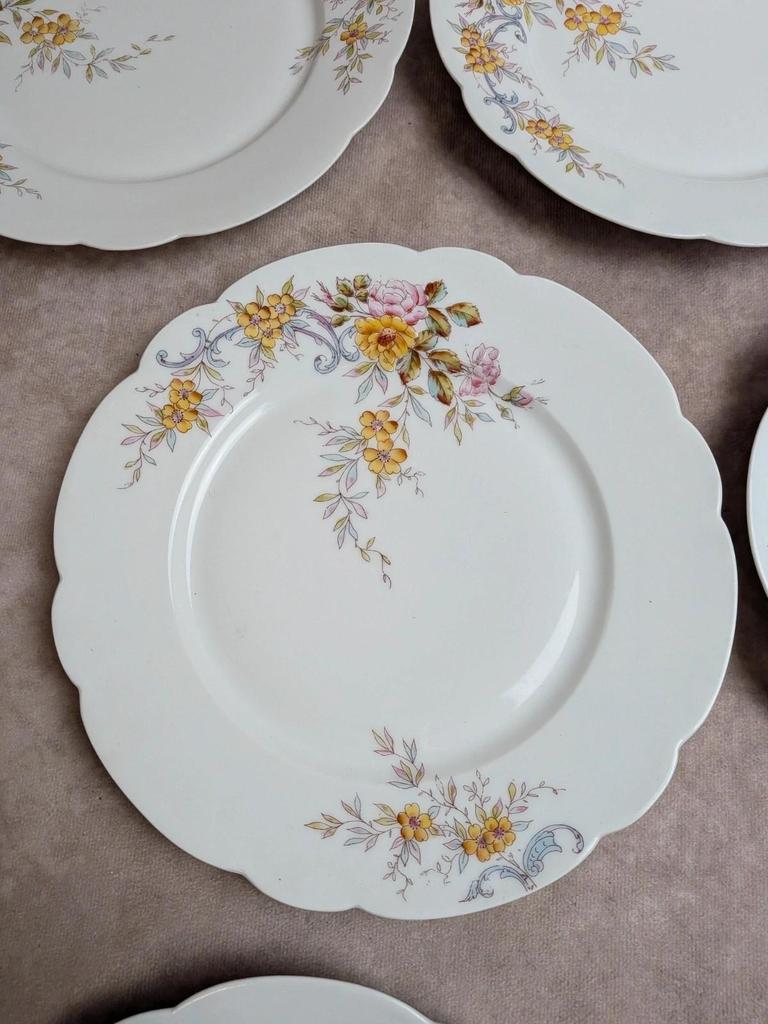 Lot de 7 assiettes plates vintage en porcelaine – Décor floral polychrome