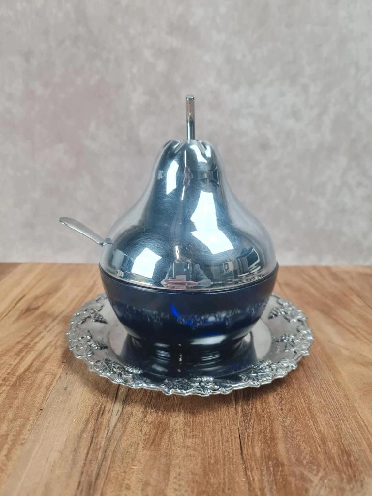 Pot à confiture vintage verre bleu cobalt & métal argenté – Angleterre