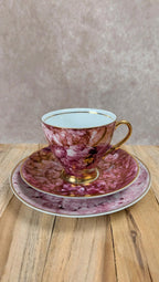 Service petit-déjeuner marbré rose • Karolina Pologne • Tasse + soucoupe + grande assiette