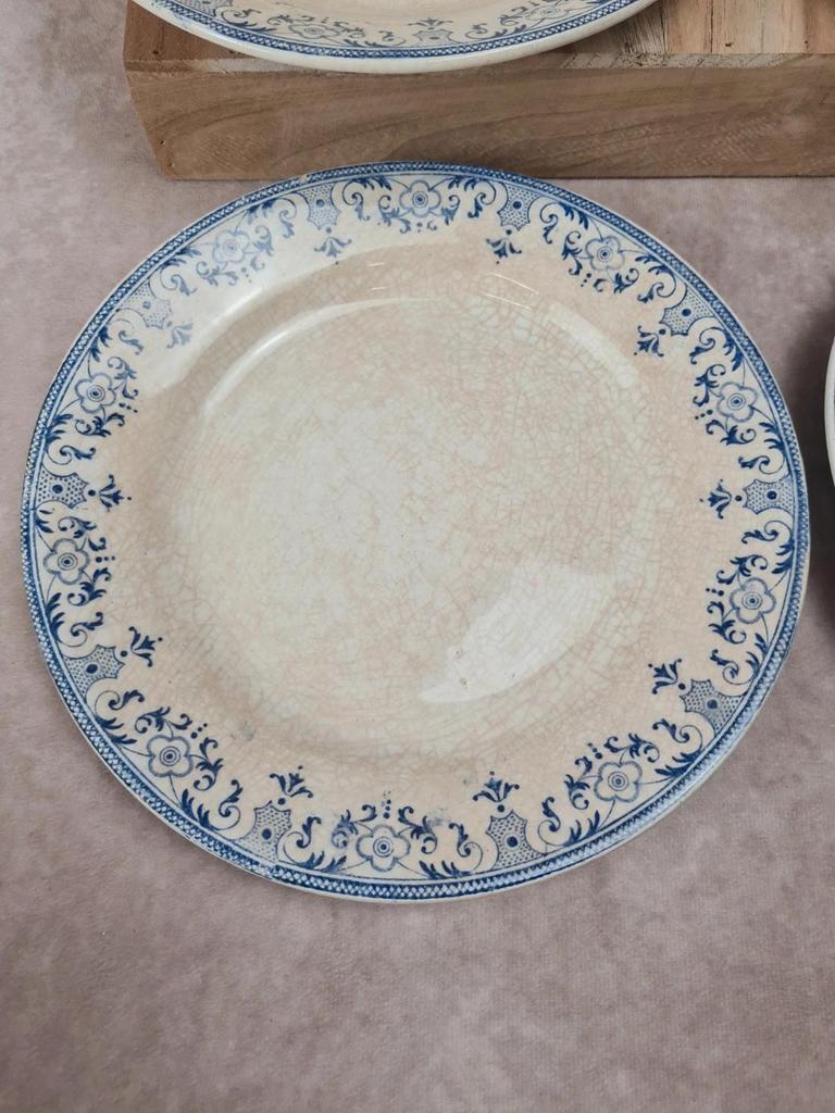 Lot de 6 assiettes plates anciennes Creil et Montereau, Service La Vallières, 23 cm