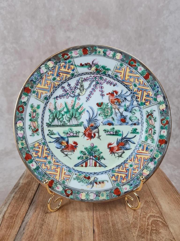 Assiette ancienne en porcelaine chinoise 🇨🇳 décor coqs & fleurs – Macao