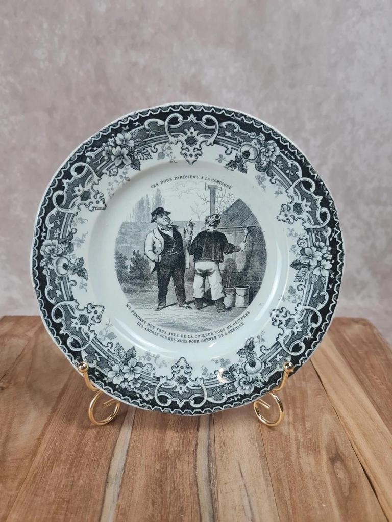 Assiette parlante ancienne Creil et Montereau – L.m & Cie – Scène humoristique Xixe