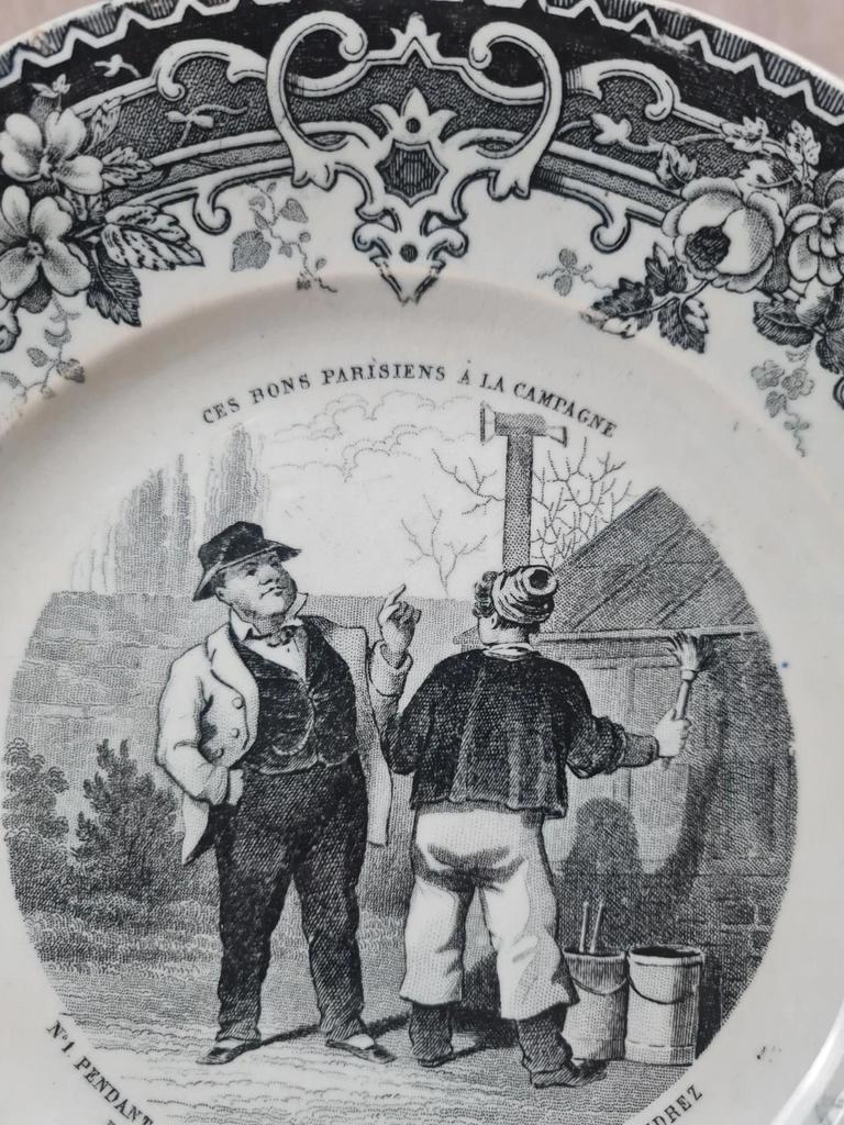 Assiette parlante ancienne Creil et Montereau – L.m & Cie – Scène humoristique Xixe