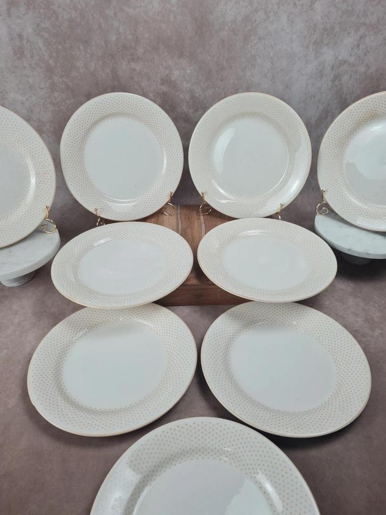 Assiettes Gien modernistes à pois dorés – lot de 9