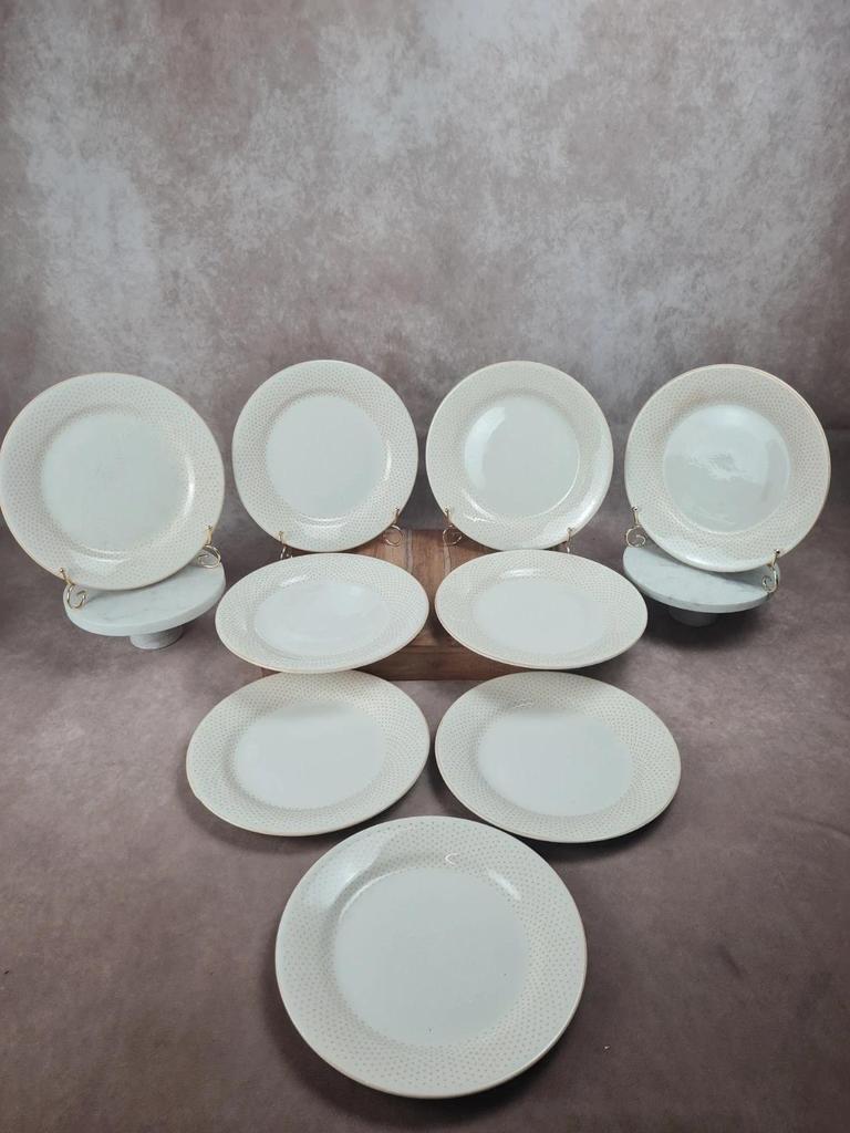Assiettes Gien modernistes à pois dorés – lot de 9