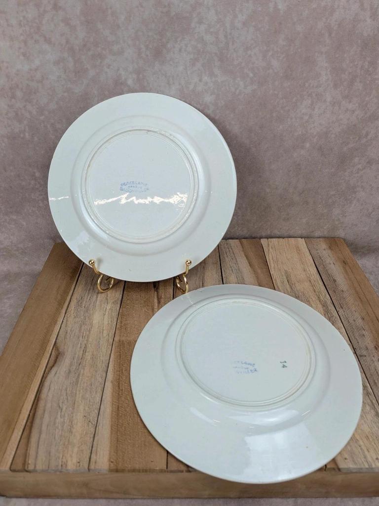 Lot de 2 assiettes anciennes Badonviller – décor Vichy bordeaux rouge