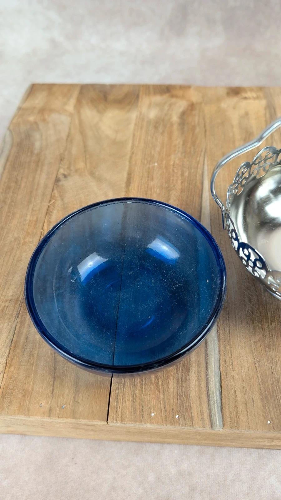 Sucrier vintage en métal argenté & verre bleu cobalt