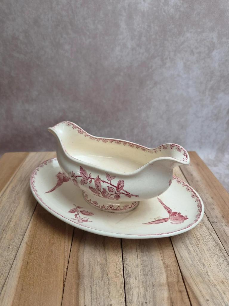 Saucière terre de fer Sarreguemines & Digoin Favori rose oiseaux ancienne