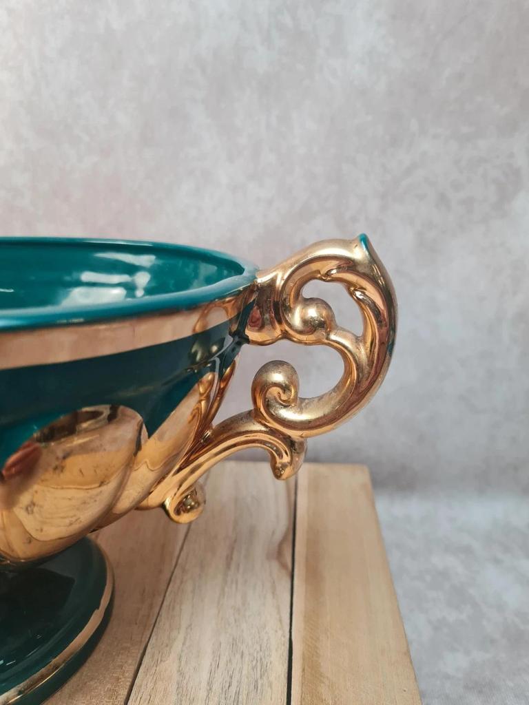 Coupe sur pied vintage italienne Cal vert profond & dorures – centre de table élégant 🌿💛