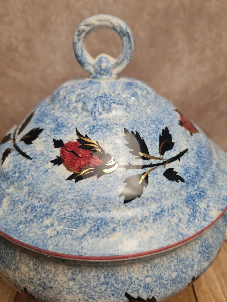 Soupière ancienne Gien décor chardons bleu moucheté terre de fer 🍲🌿