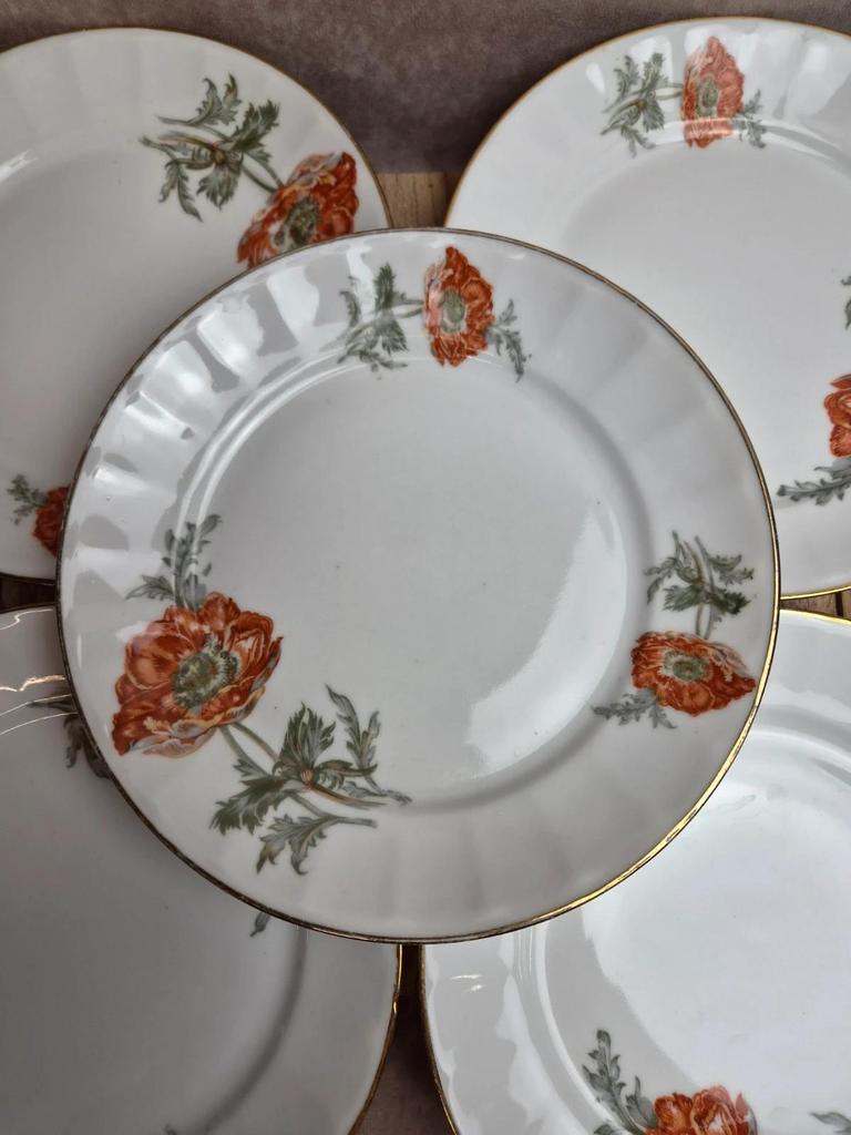 Lot de 5 assiettes à dessert en porcelaine – Décor floral coquelicots