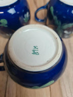 Service café vintage Digoin Sarreguemines bleu cobalt – 3 tasses + 3 soucoupes fleuries 🌼