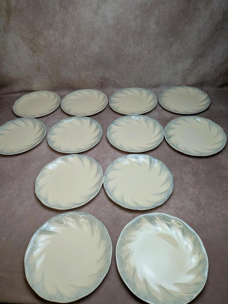 12 assiettes plates Terre de fer Salins décor bleu nuagé