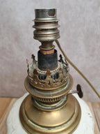 Lampe ancienne détournée – pied en terre de fer & laiton – esprit brocante