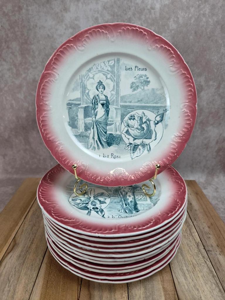 Série complète 12 assiettes parlantes Digoin Sarreguemines, terre de fer, Les Fleurs vintage