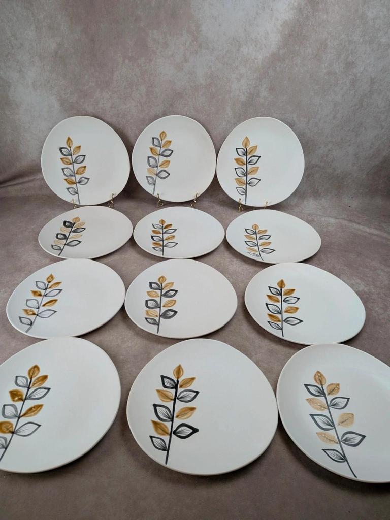 Lot de 12 assiettes plates vintage Niderviller – années 70 – style Capron Vallauris