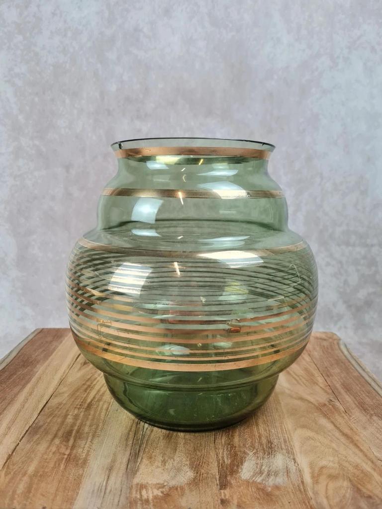 🪞 Grand vase ancien en verre vert doré signé Fains