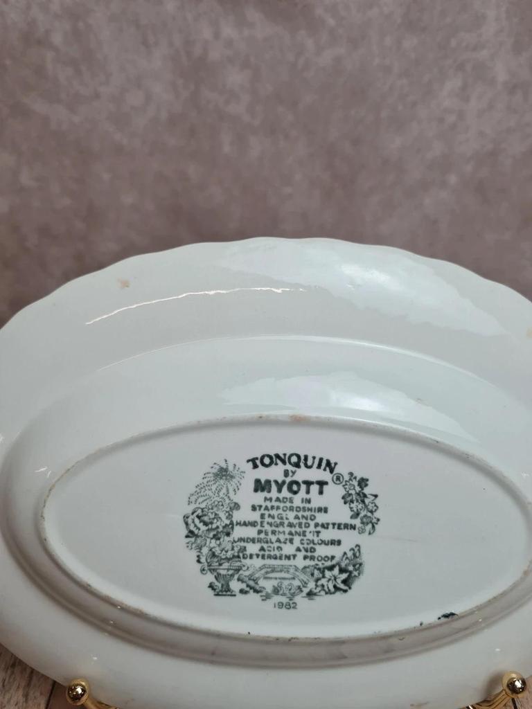 Ravier ancien Tonquin Myott décor toile de Jouy bleu – bord dentelé