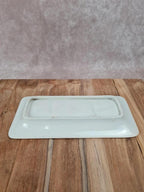 🧼 Ancien porte-peigne ou vide-poches en faïence blanche à décor géométrique noir et ocre