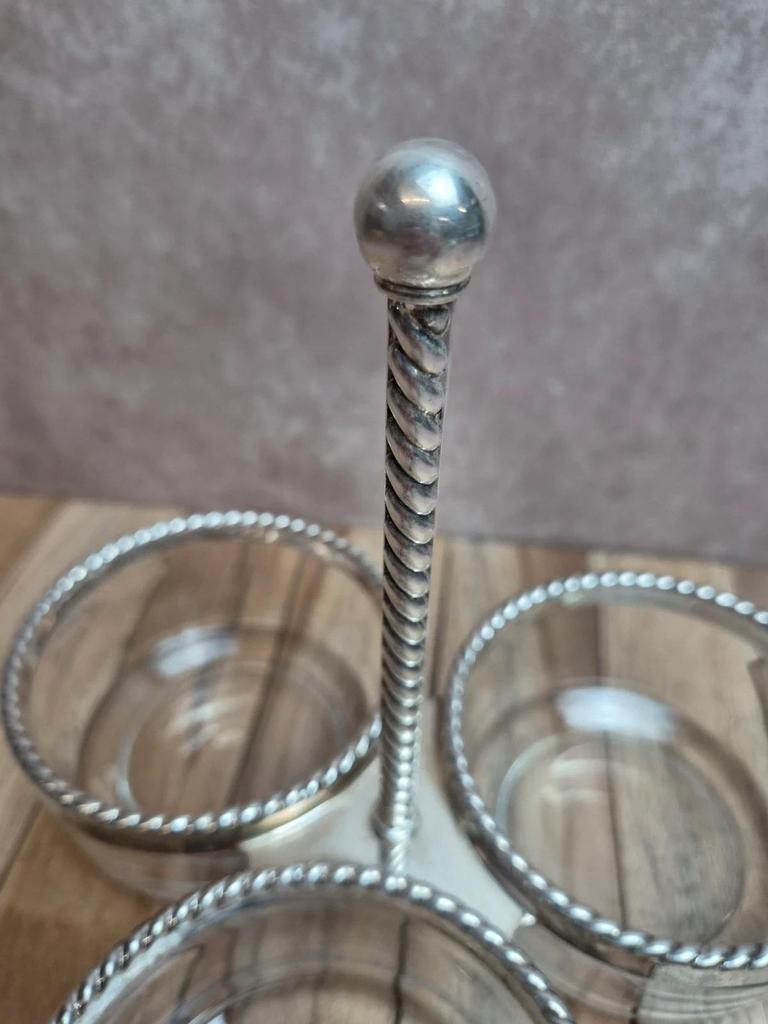 Serviteur apéritif vintage en métal argenté et verre Bormioli Rocco Italie