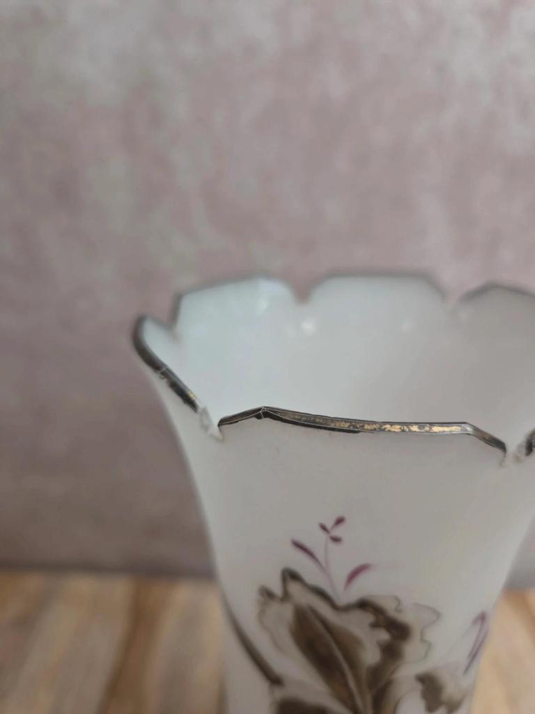 Vase ancien Art nouveau en verre givré émaillé – décor d’iris