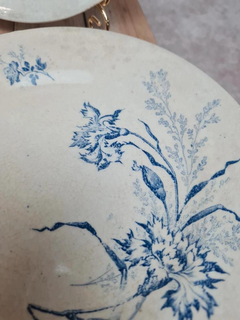 Lot 4 assiettes à dessert anciennes Terre de Fer décor œillet bleu 💙