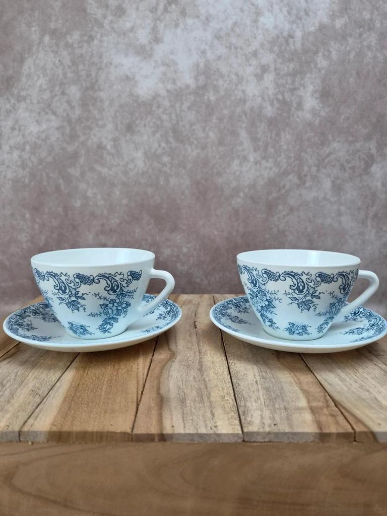 Lot de 2 tasses + 2 sous-tasses Rivanel – décor bleu floral – vintage