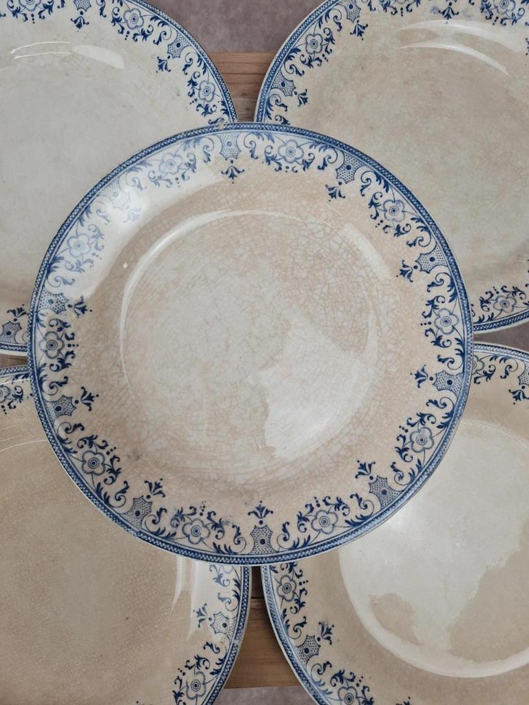 Lot de 6 assiettes plates anciennes Creil et Montereau, Service La Vallières, 23 cm