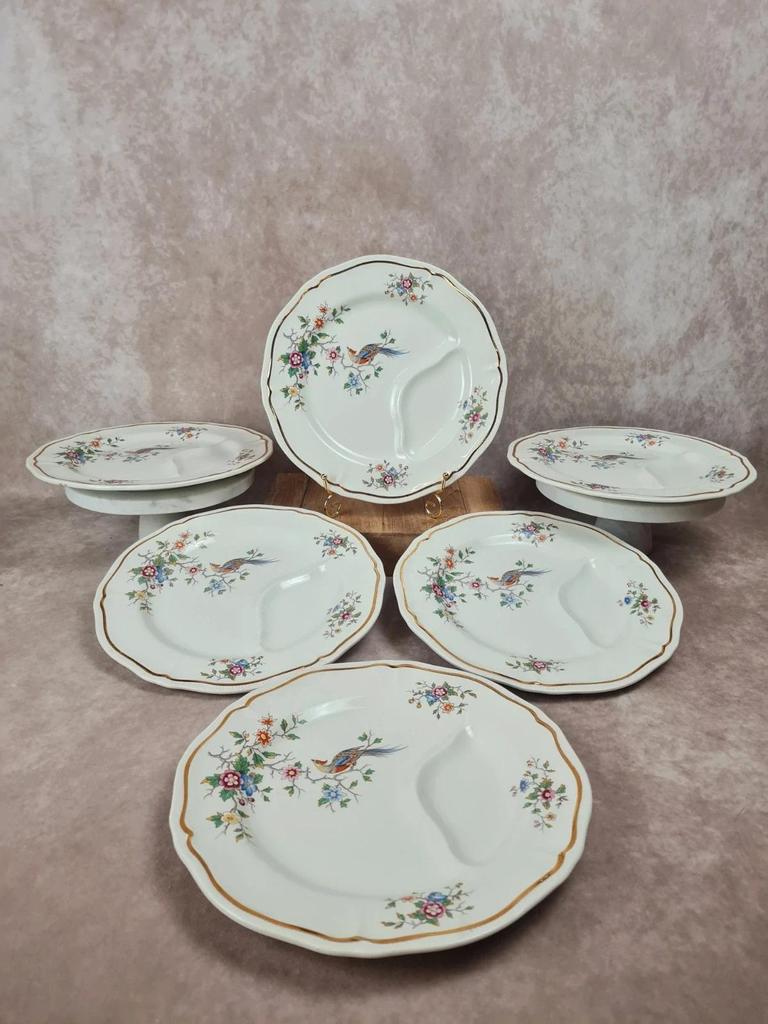 Lot de 6 assiettes à asperges Longchamp, décor oiseau fleuri vintage