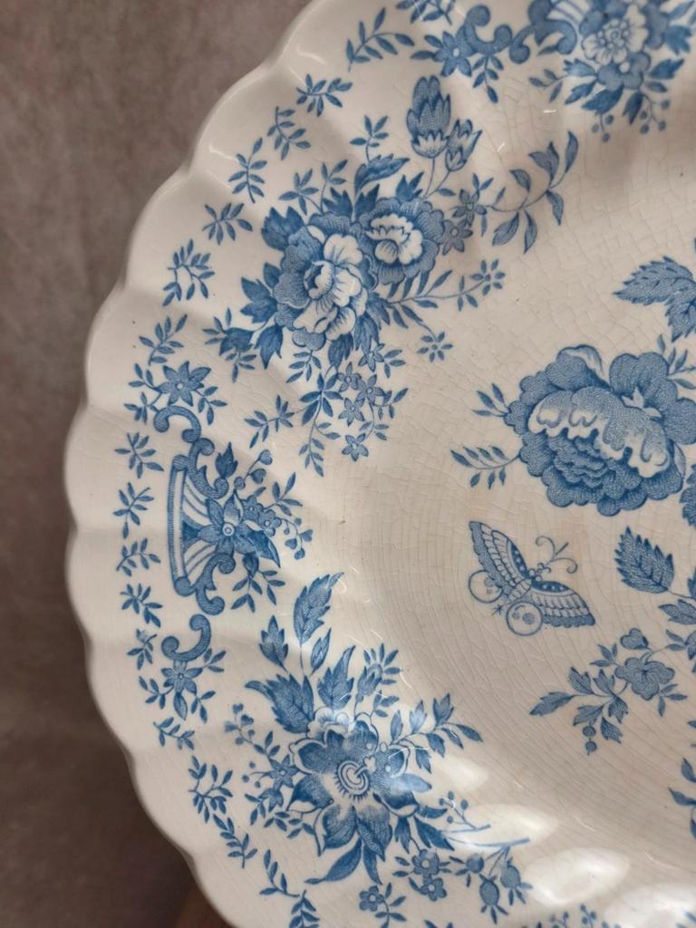 Grand plat ovale vintage Myott Meakin – Décor floral bleu et oiseaux – 38 cm