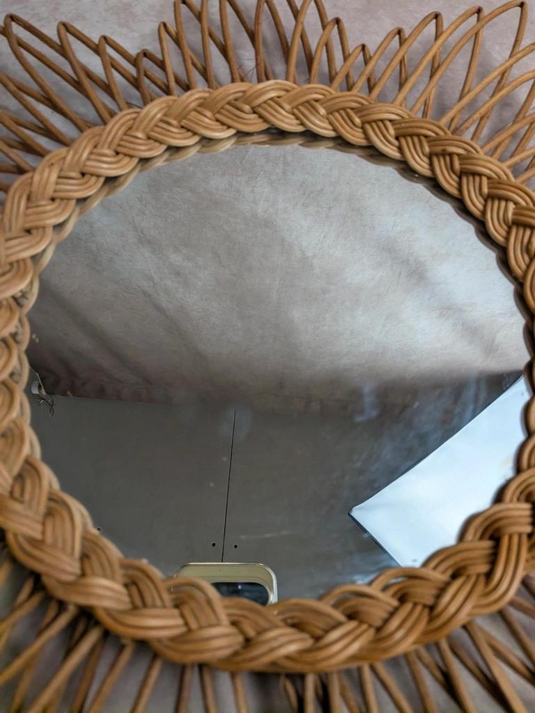 Miroir soleil vintage en rotin tressé années 70