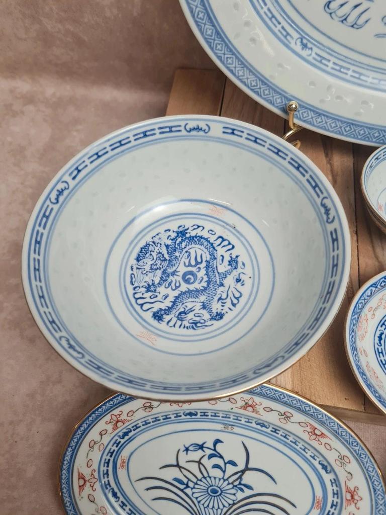 Service chinois vintage complet – 3 personnes – décor bleu & rouge – idéal sushi 🍣