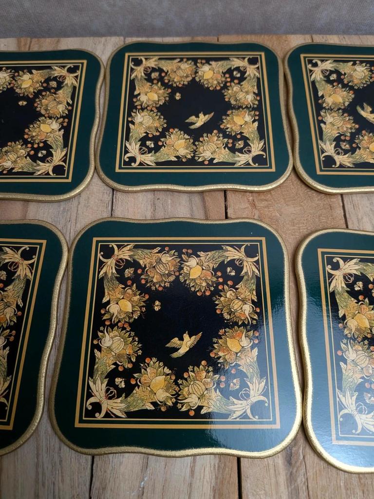 Lot de 6 sous-verres Cloverleaf England – Décor floral doré – Vintage