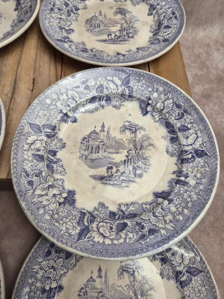 Lot de 8 assiettes à dessert anciennes anglaises J. Marshall & Co Bosphorus faïence violette Xixe