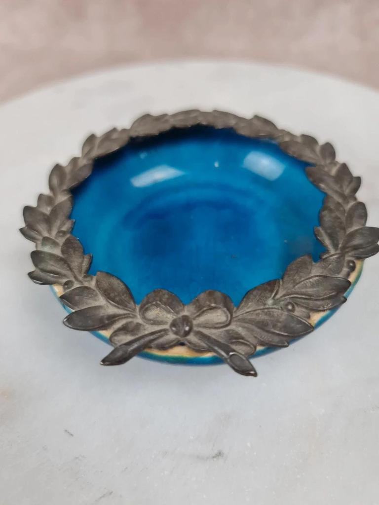 Petit vide-poche ancien en émail bleu craquelé & monture métal argenté 🌿💙