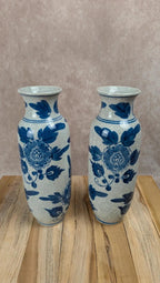 Lot de 2 vases chinois bleu et blanc décor floral