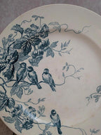 Assiette ancienne Terre de Fer Le Bûcheron Paris – Décor oiseaux bleu