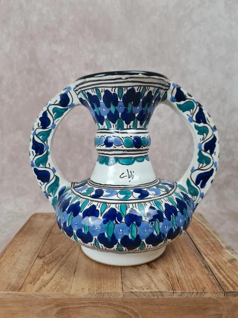 🌿 Vase artisanal en faïence marocaine signé – décor bleu & vert 🌿