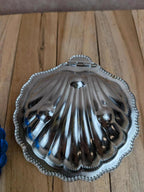 Beurrier vintage coquille en métal argenté et verre bleu – complet