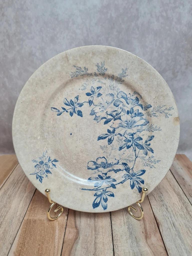 Assiette ancienne terre de fer décor floral bleu romantique pivoine fleurs Xixe