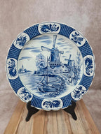 Grand plat décoratif mural bleu et blanc moulins style Delft 41 cm
