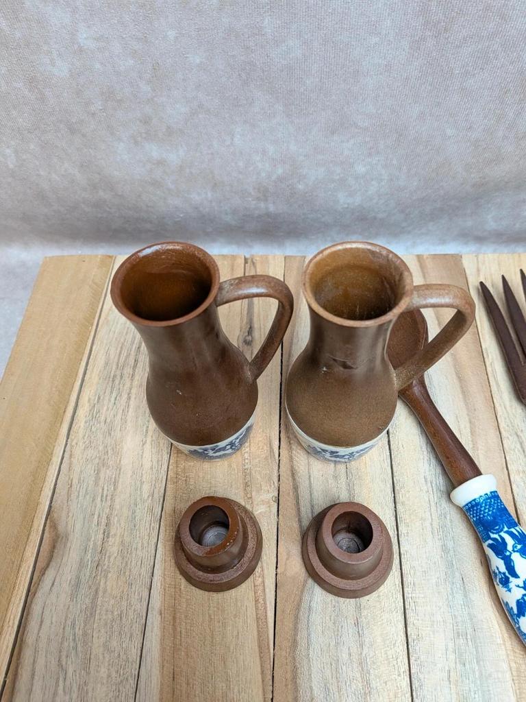 Set à salade vintage céramique & bois – Huilier/vinaigrier + couverts