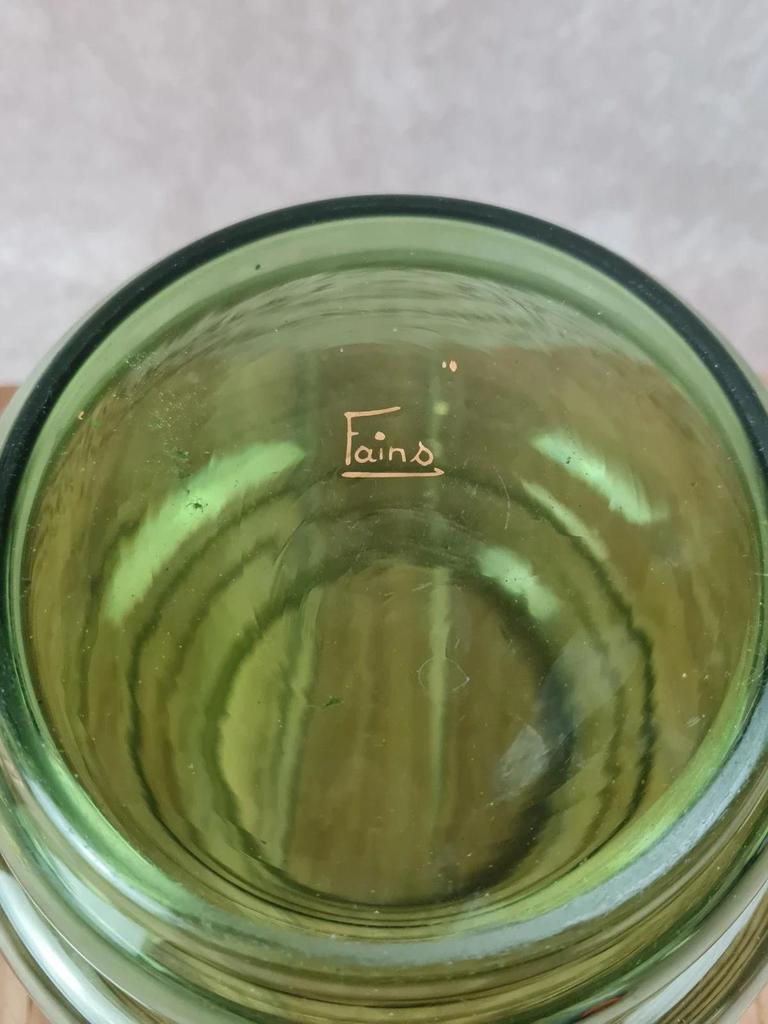 🪞 Grand vase ancien en verre vert doré signé Fains