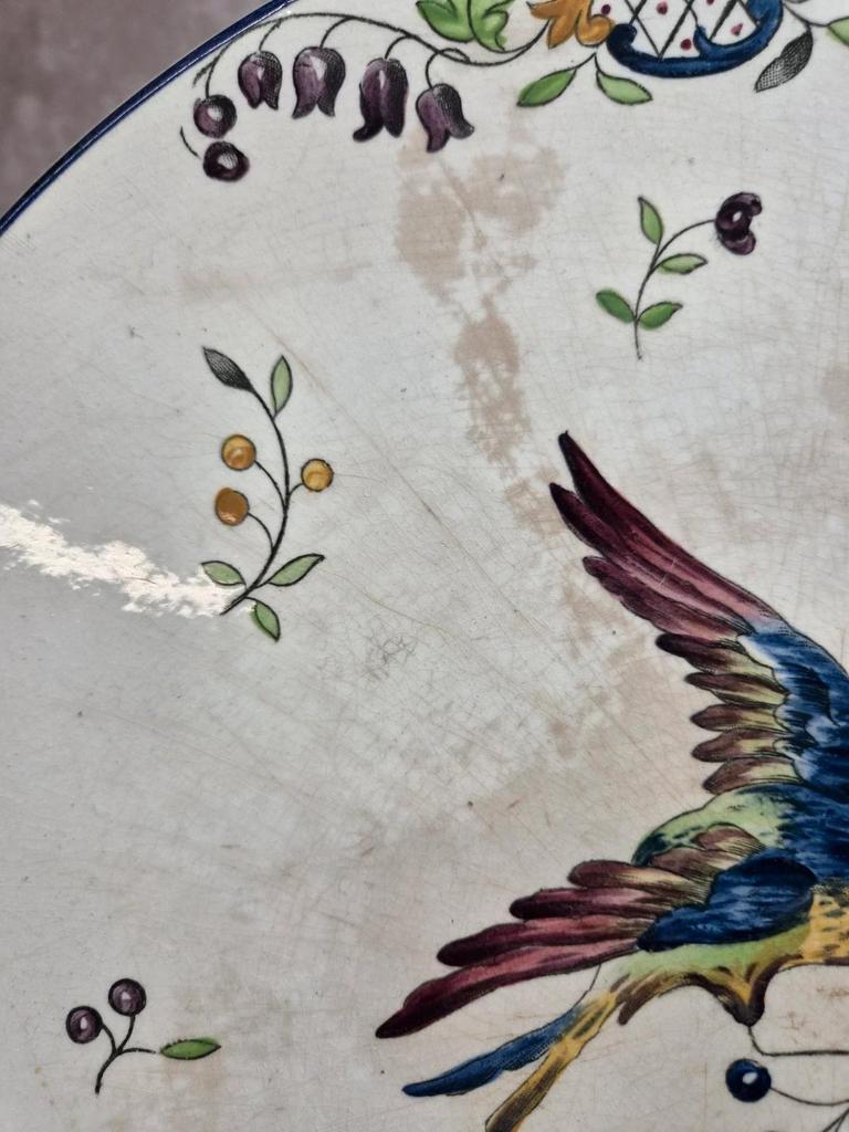 Grand plat terre de fer Longchamp Cléry décor oiseau