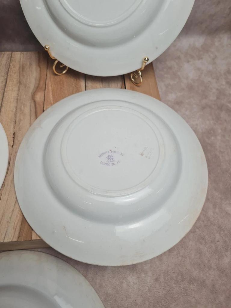 Lot 5 assiettes creuses Terre de Fer Creil & Montereau Service Louis Xv lilas rare