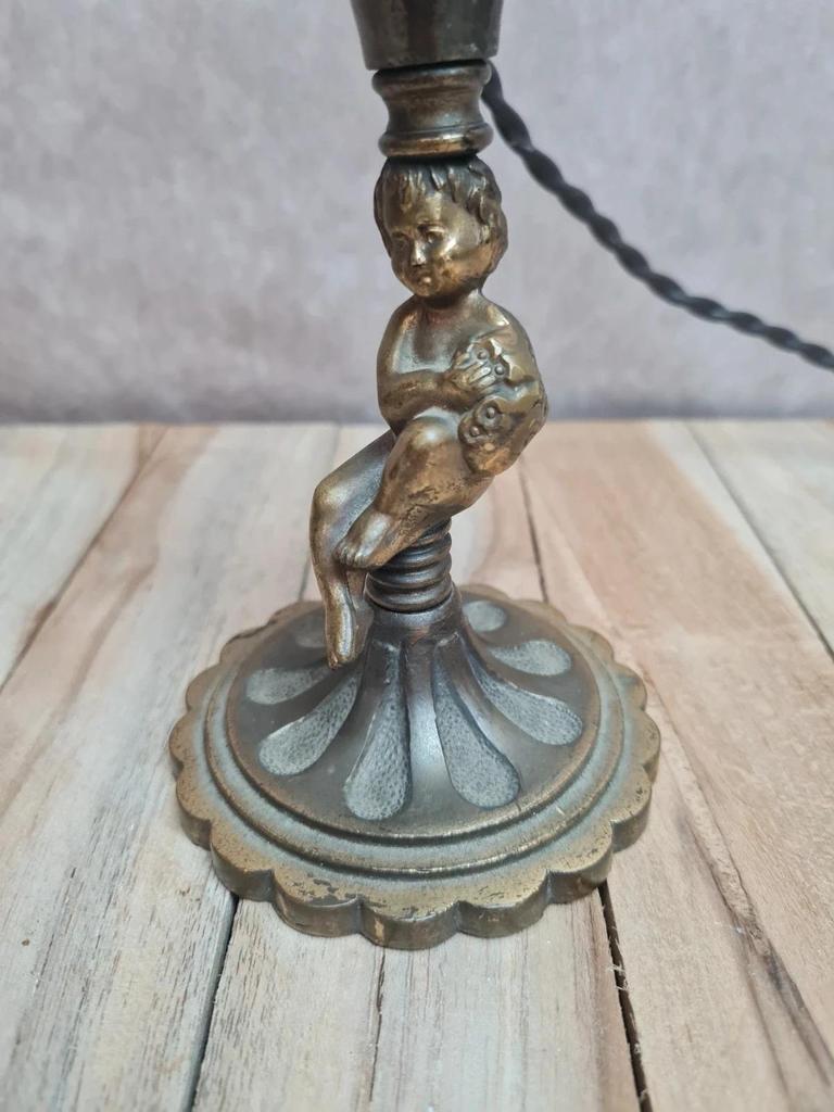 Lampe ancienne putti / angelot en métal patiné – pied décoratif vintage E14