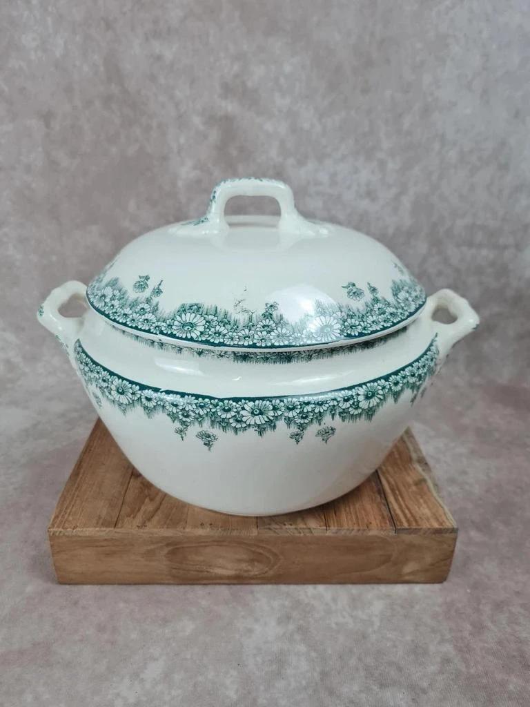 Soupière ancienne Longwy 🍃🌼 en faïence française – décor fleuri vert